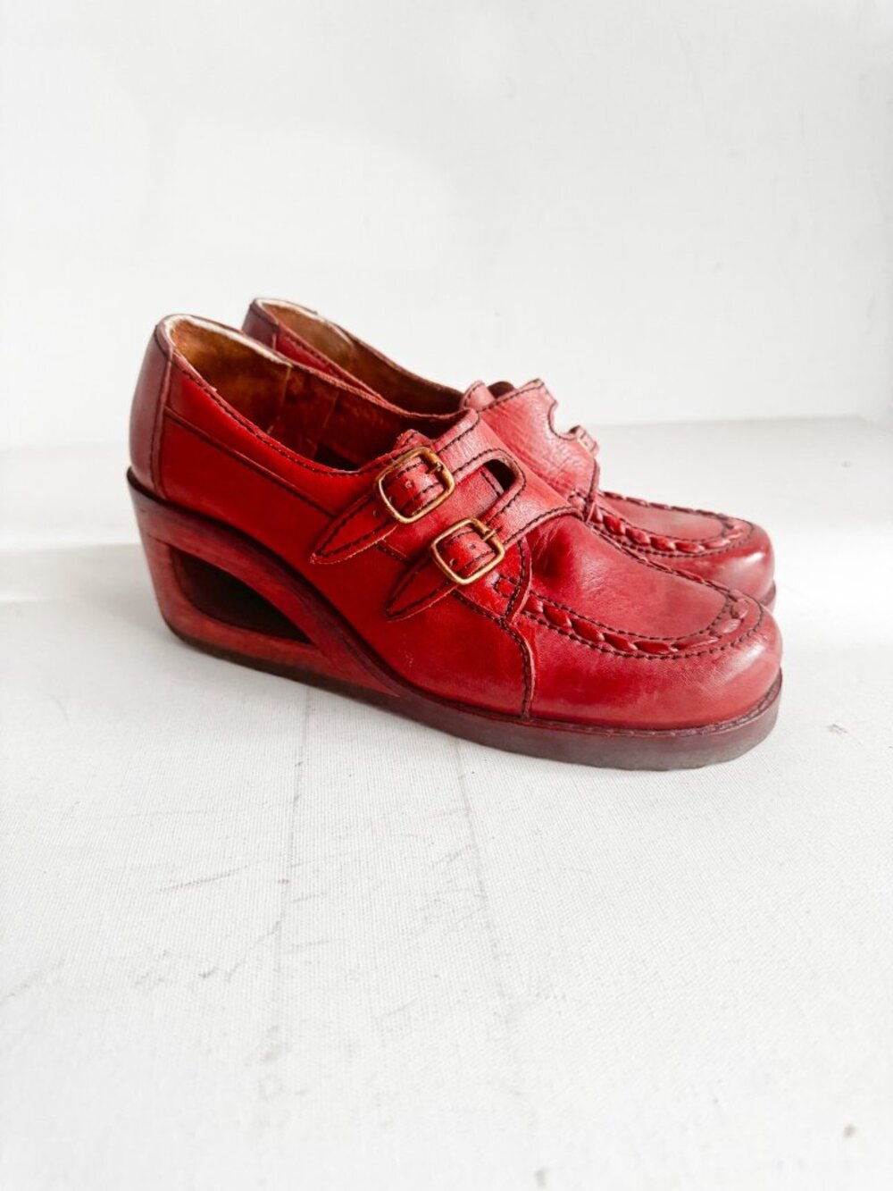 Vintage Young and Fair Brown Leather Wedge Heels 7